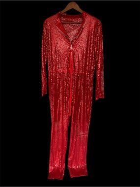 Red Sparkly Sequin One-Piece Zip-Front Onesie Romper Jumpsuit